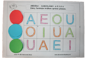 farebné krúžky a samohlásky A E I O U - pracovné listy pre predškoláka