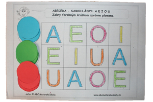 farebné krúžky a samohlásky A E I O U - pracovné listy pre predškoláka