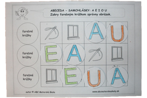 abeceda predškoláka - samohlásky a predmety na A E I O U - pracovný list pre predškoláka