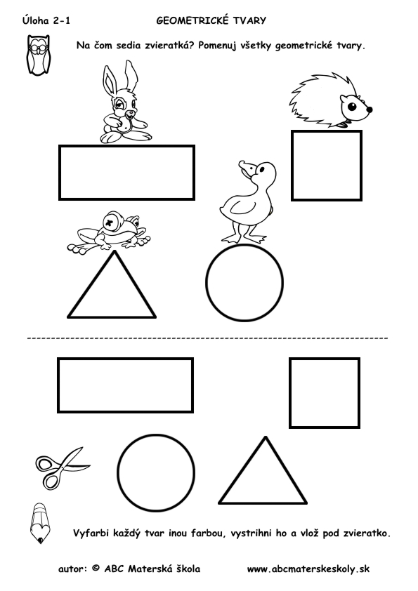 geometrické tvary - na čom sedia zvieratká - pracovný list