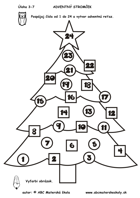 3-7 Úloha - Adventný stromček - pospájaj čísla od 1 do 24 - pracovný list predškolák